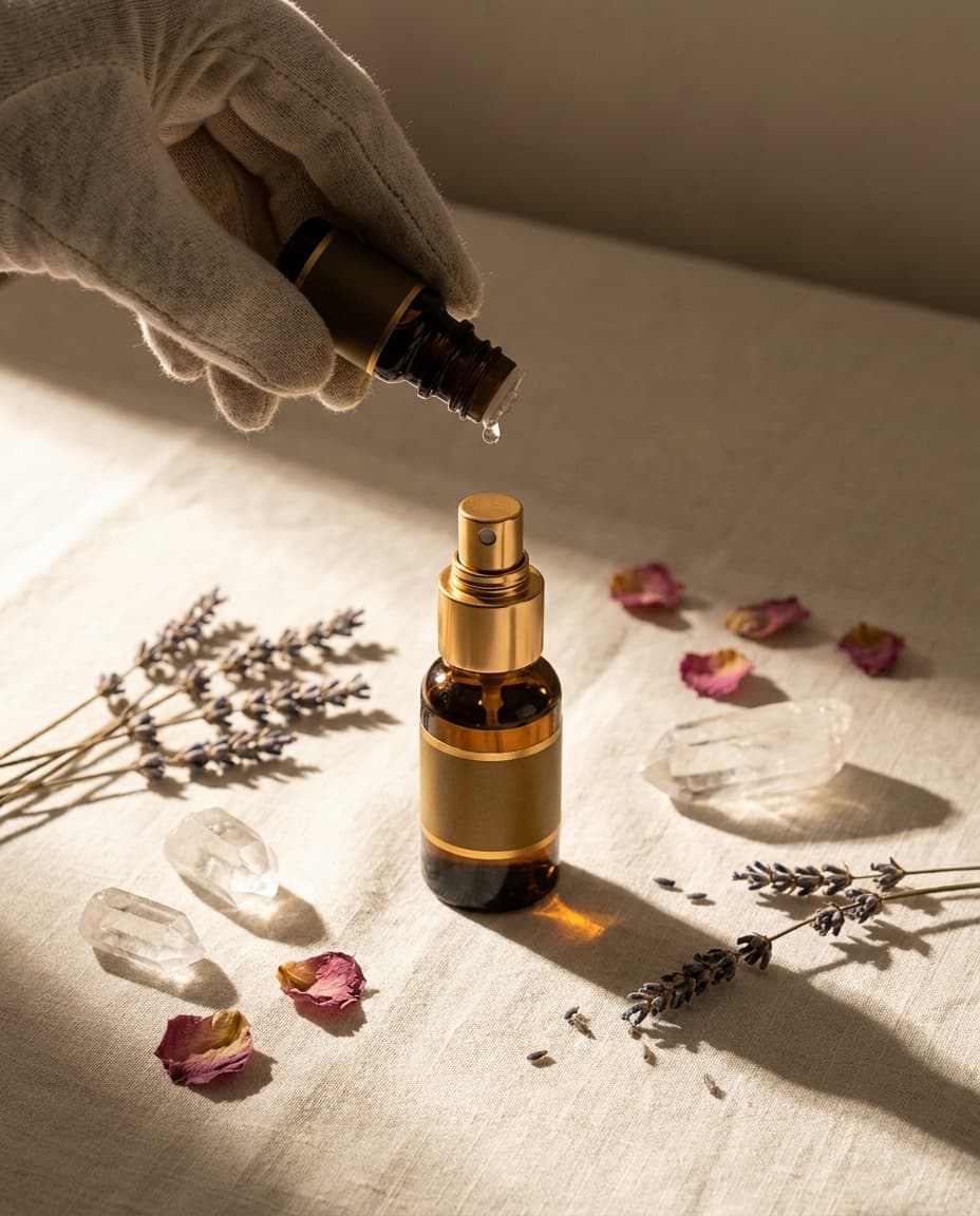 Handgemachtes Auraspray in einer Braunglas-Flasche mit getrockneten Kräutern