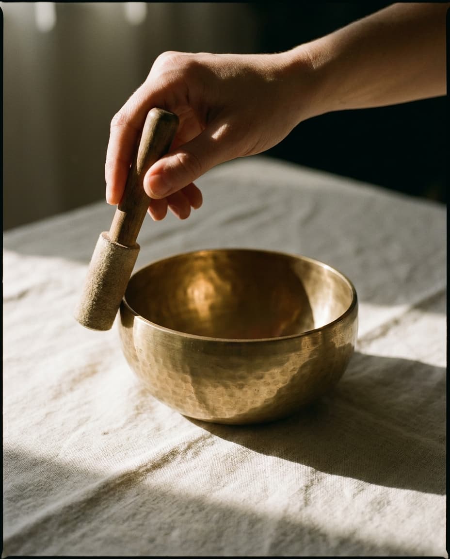 Hand schlägt eine Klangschale mit dem Klöppel an