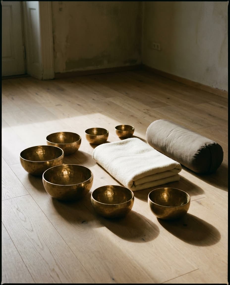 Für eine Einzelsitzung vorbereiteter Klangraum mit Klangschalen um eine Decke und ein Bolster