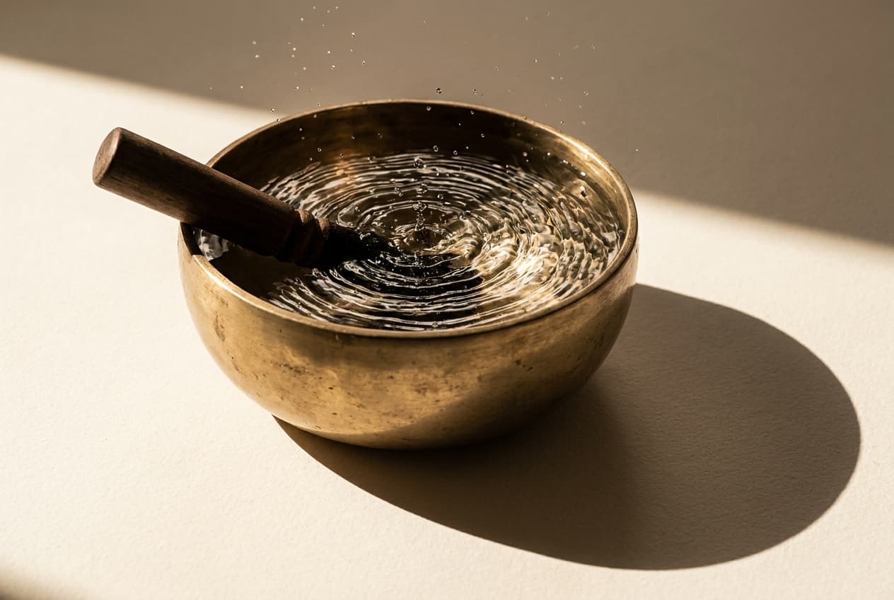 Angeschlagene Klangschale mit Wasser, dessen Oberfläche in feinen Wellen schwingt